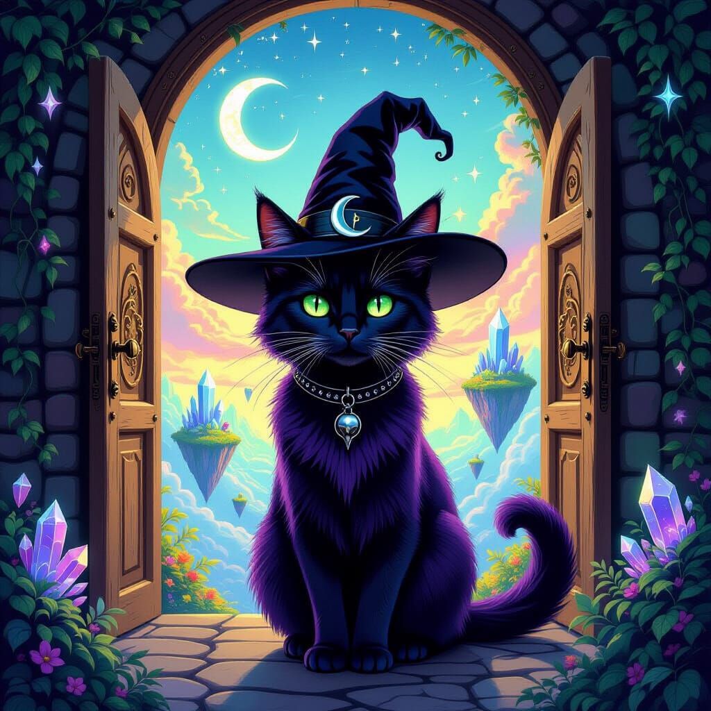 Regal Witch Cat in Magical World Painting