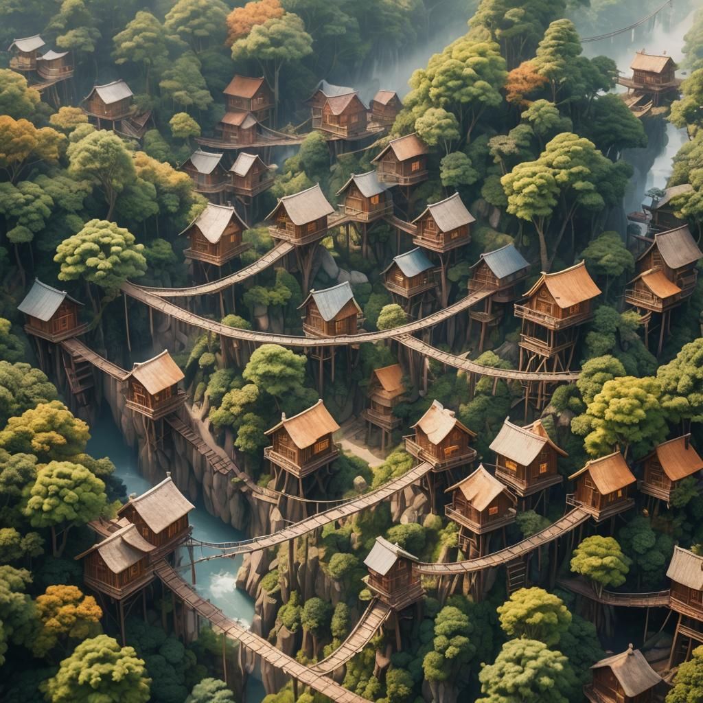 Whimsical Treetop Village Inspired by Impressionism