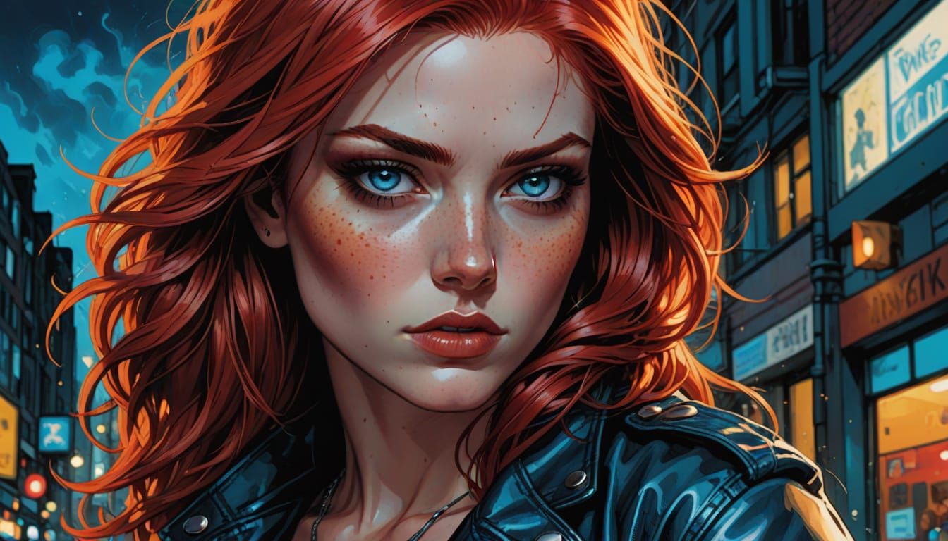 Fiery Red-Haired Woman in Comic Book Style