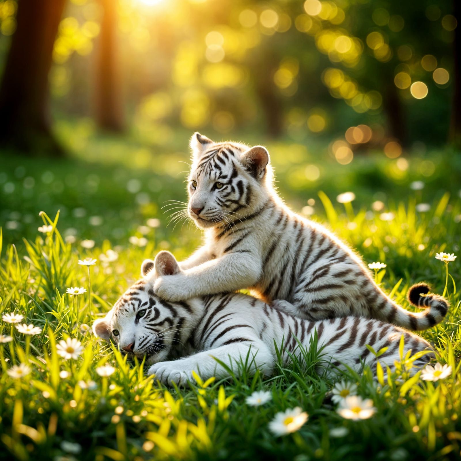 White Tiger Cub Playing with Mother