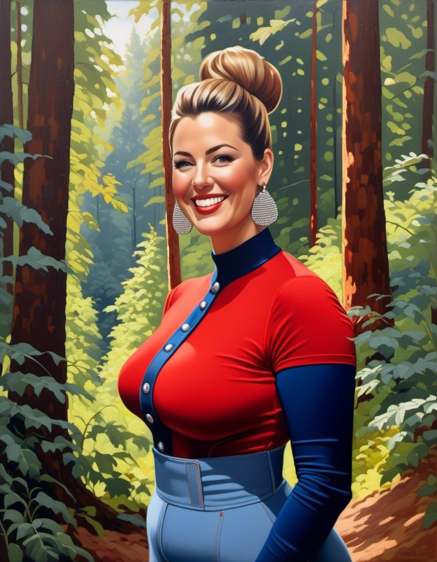 German Woman in Forest, Oil Painting Style