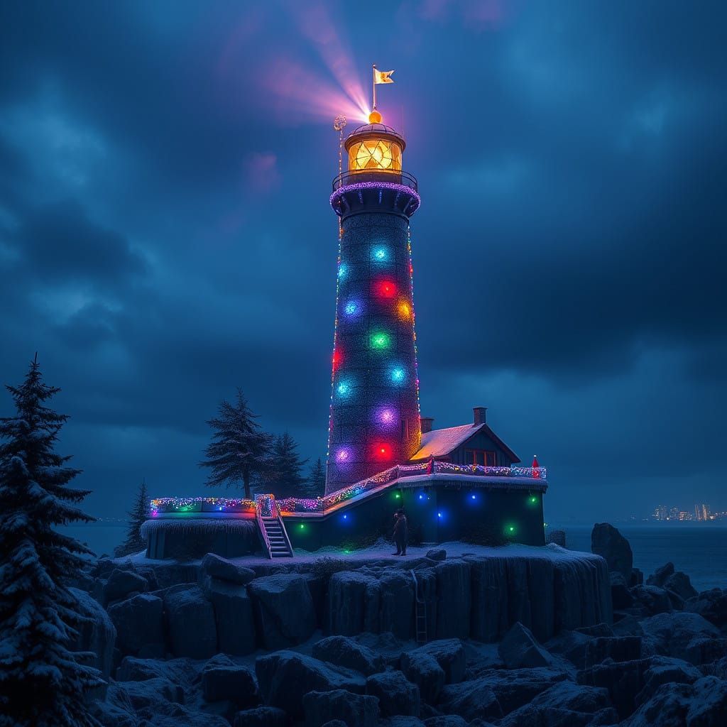 Vibrant Christmas Lights Adorn a Majestic Lighthouse in a Ci...