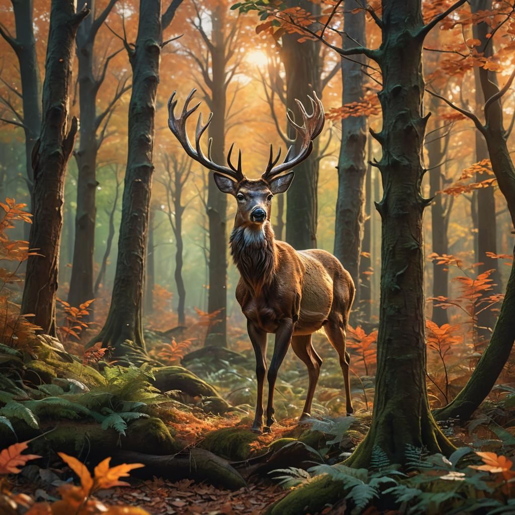 Deer Galloping Through Forest at Golden Hour