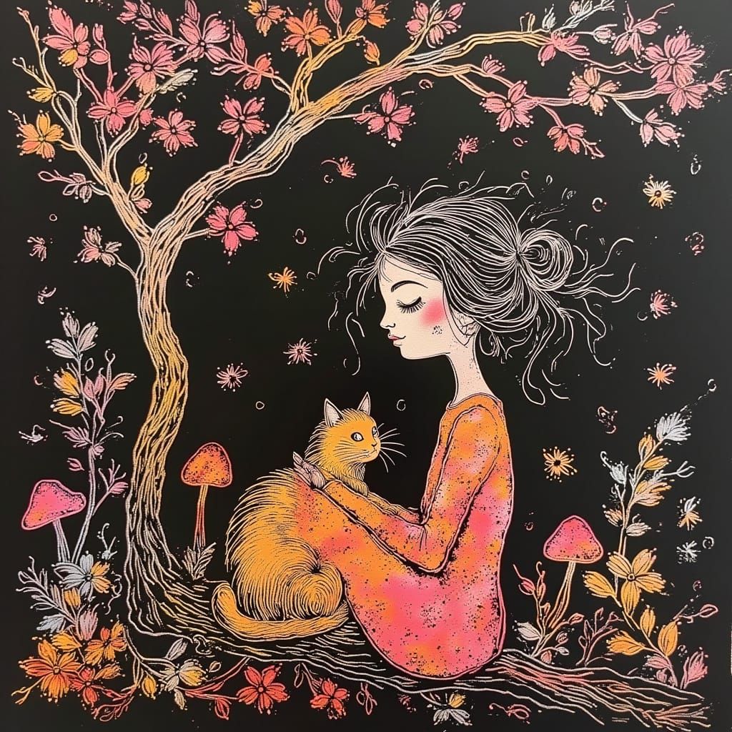 Whimsical Hand-Drawn Garden Scene with Cat