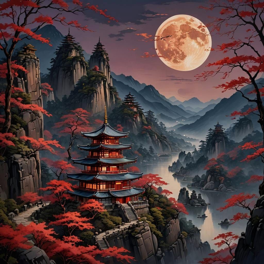 Mystical Pagoda in Moonlit Mountain Landscape