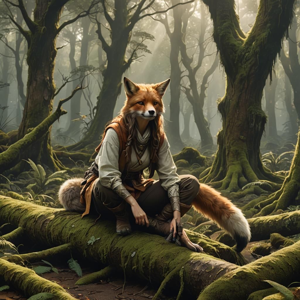Fox Therian Girl in Misty Forest: Concept Art