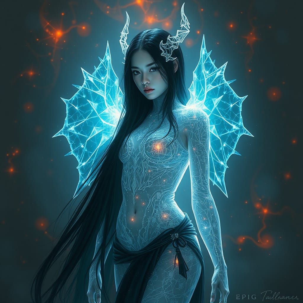 Starlight Changeling Woman: Digital Portrait in Monochromati...