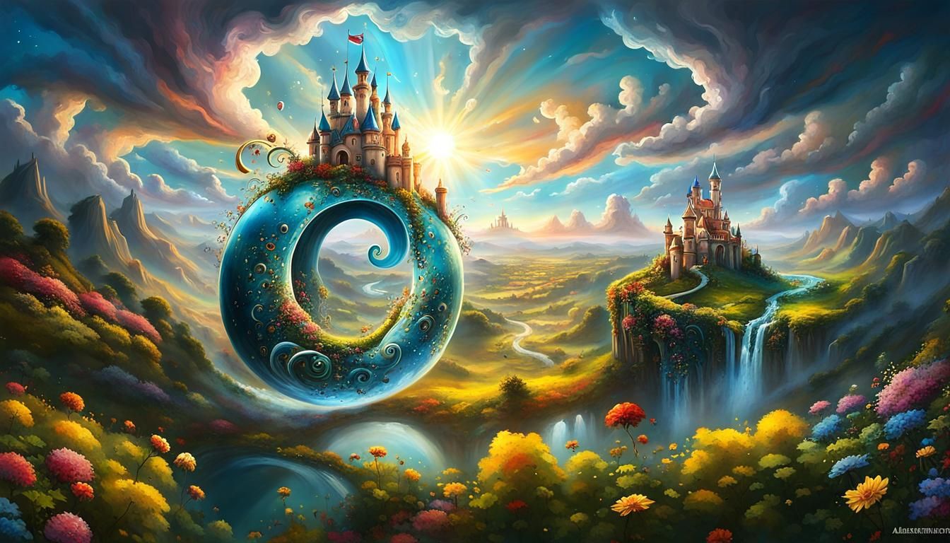 Surreal Yin Yang Landscape with Fairytale Castles