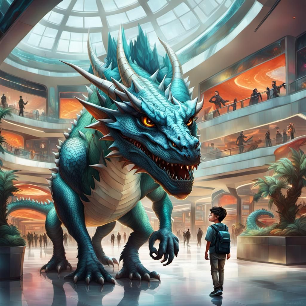 Boy and Dragon Shop in Futuristic Mall