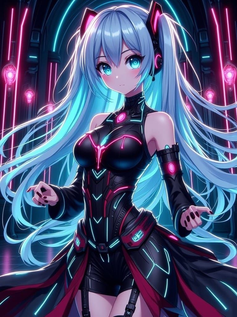 Anime Stylised image of a modern Goth style Hatsune Miku wit...