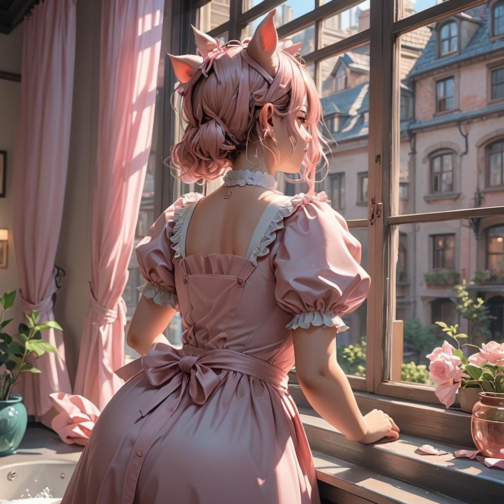 Anime Pig-Human Maid Washing Windows
