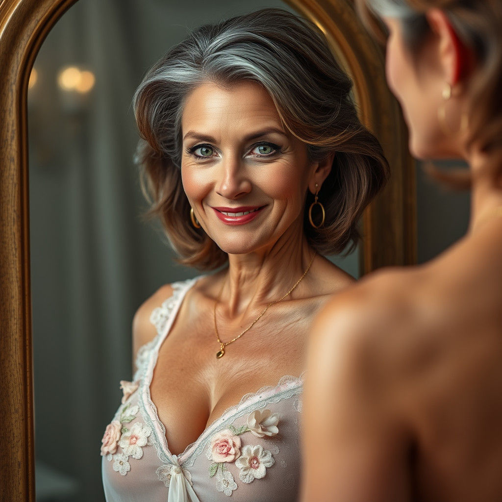 Beautiful Woman with Gold Jewelry Smiling in Mirror