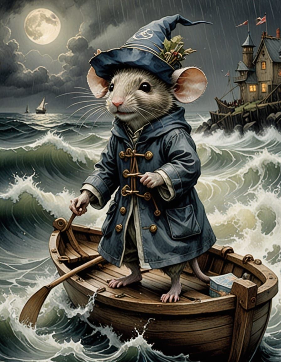 Tiny Sailor Mouse Steers Delicate Paper Boat Through Stormy...
