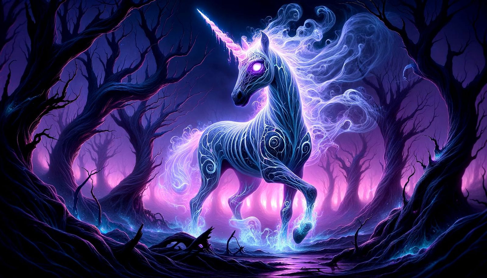 Eerily Captivating Unicorn in Decaying Twilight Forest