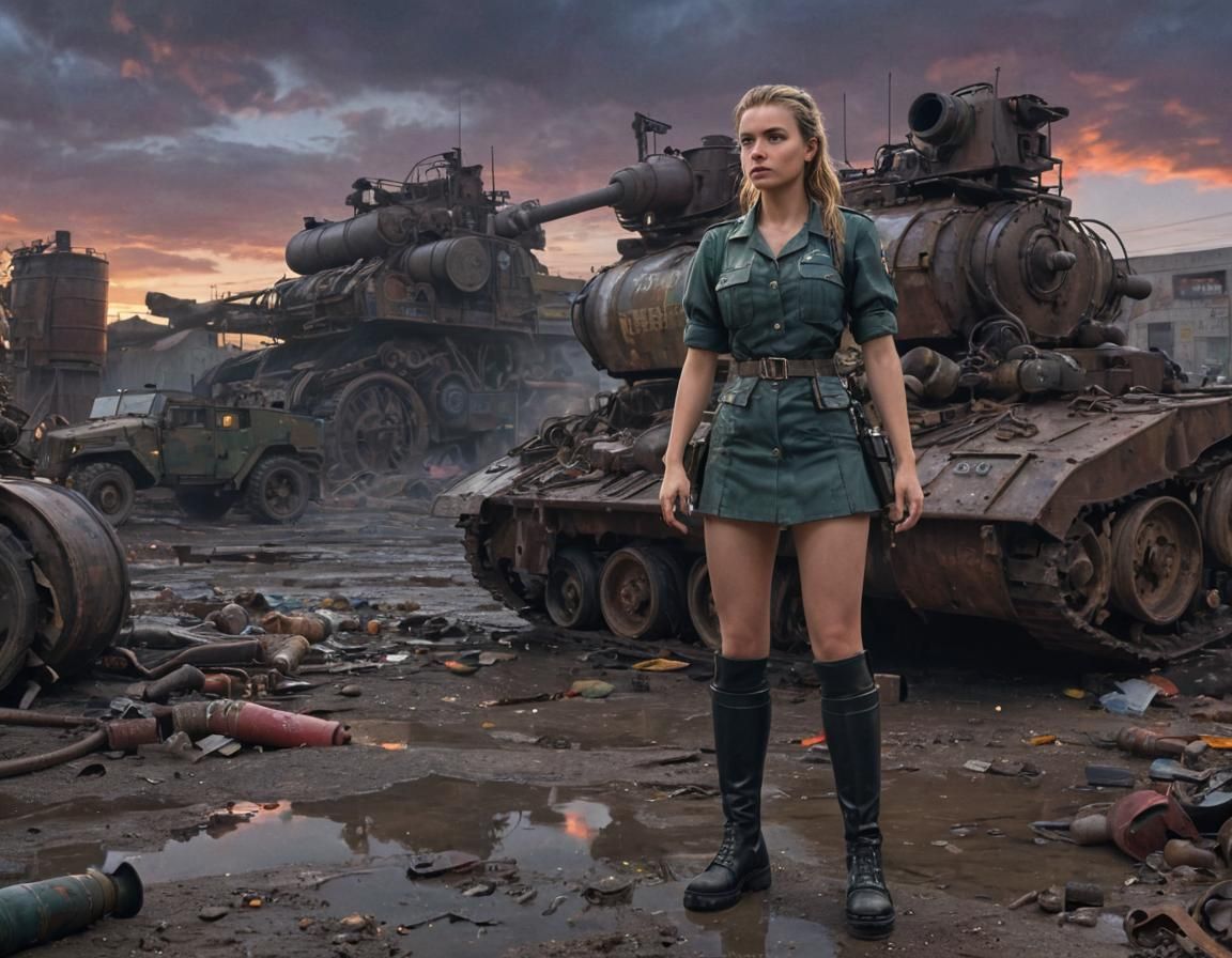 Dieselpunk Soldier Girl with Panzer Tank at Sunset