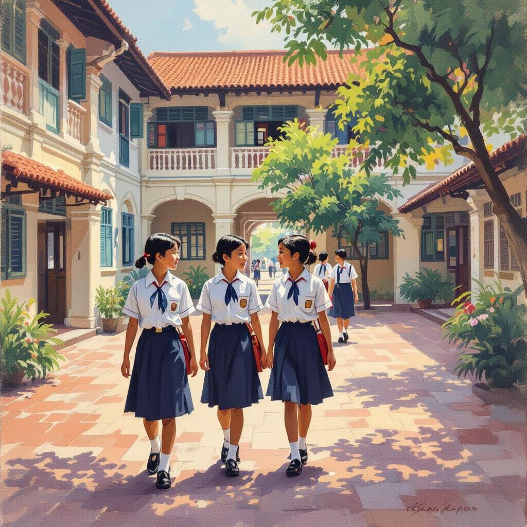 Singapore School Courtyard in 1950s Southeast Asian Style