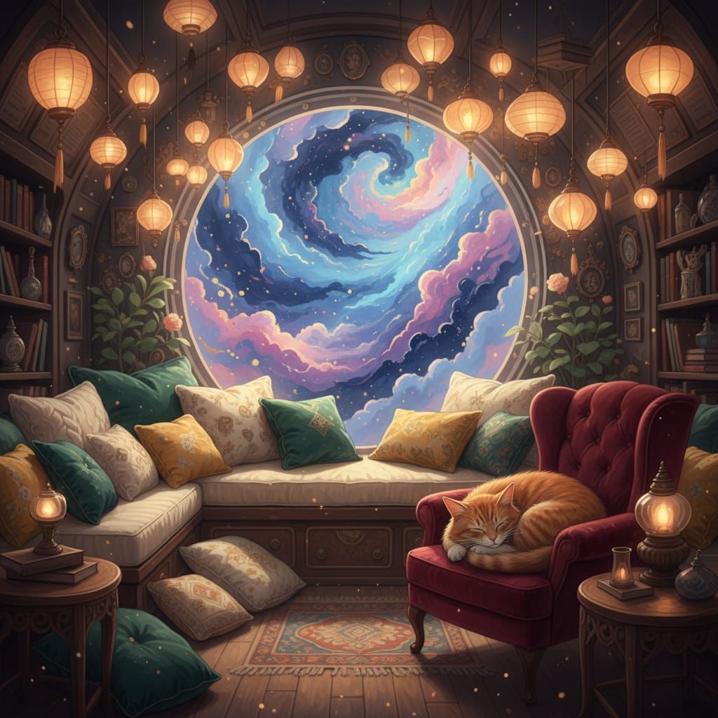 Cozy Spaceship Interior with Sleeping Cat Amidst Nebula