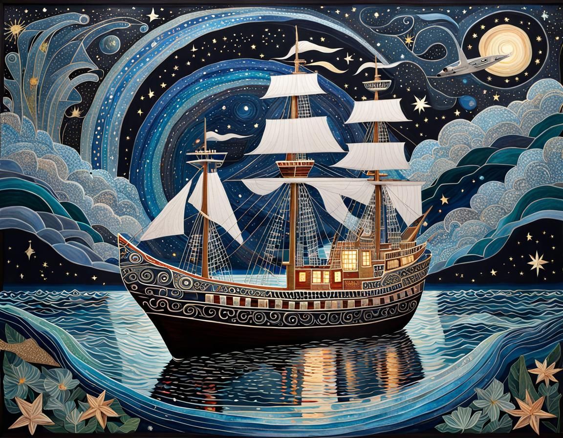 Whimsical Ship Sailing Under Starry Night Sky