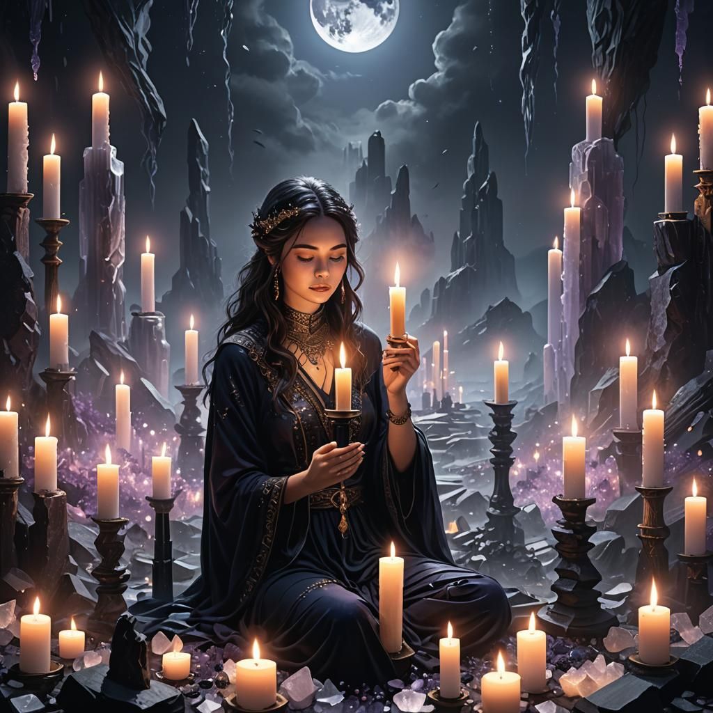 Mystical Woman Surrounded by Crystals in Fantasy Art