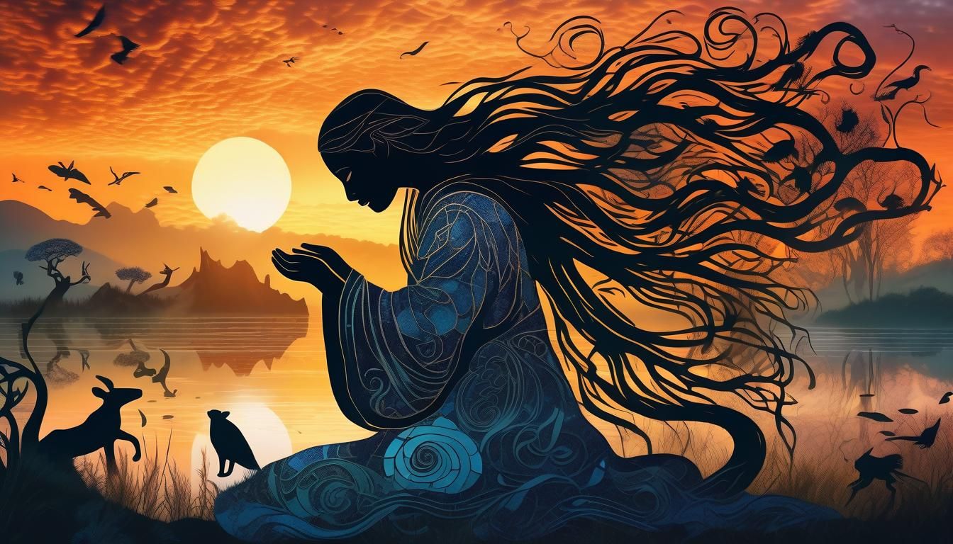 Mystical Creatures Collage at Sunset, High-Resolution Photo