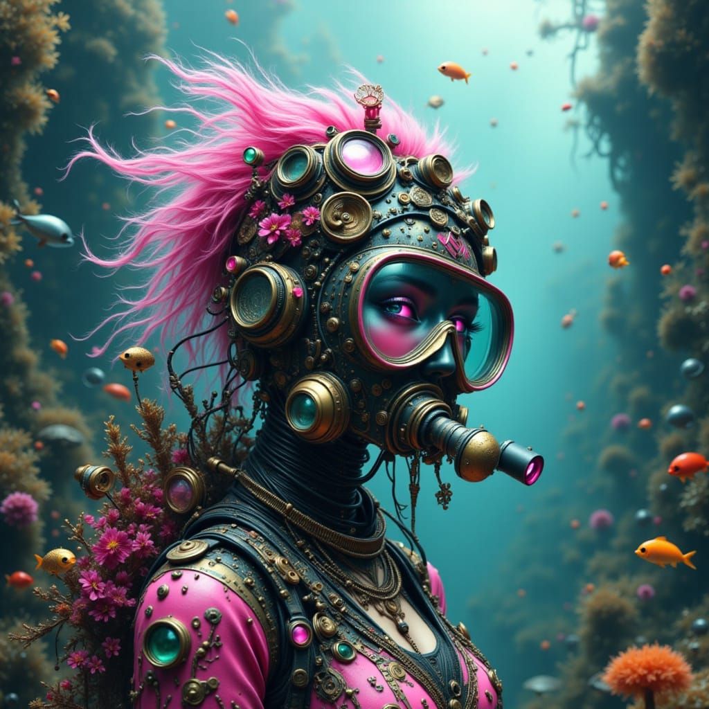 Cyberpunk Pink Diver in Steampunk Underwater Scene