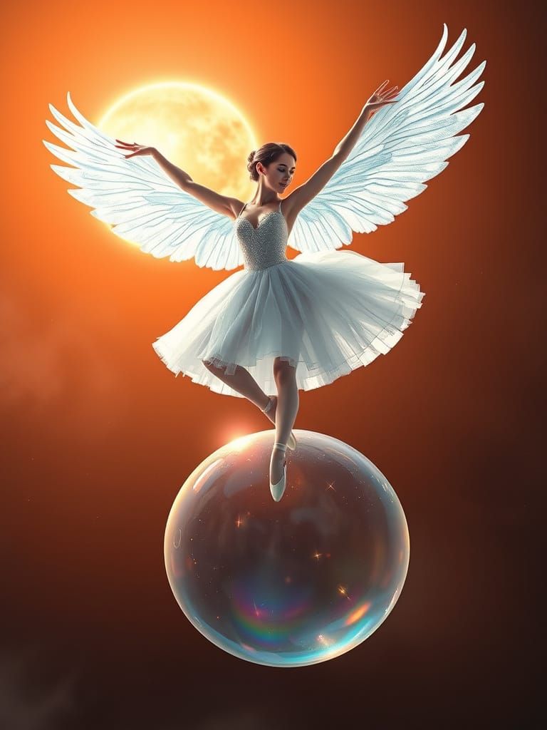 Ballerina in Iridescent Soap Bubble Amidst Scorching Sun