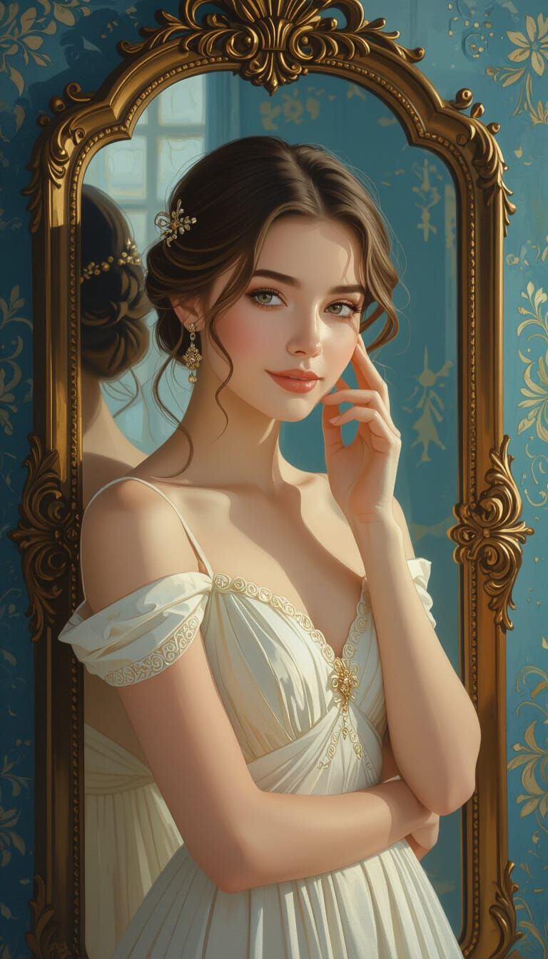 Woman and Vintage Mirror in Detailed Matte Painting Style