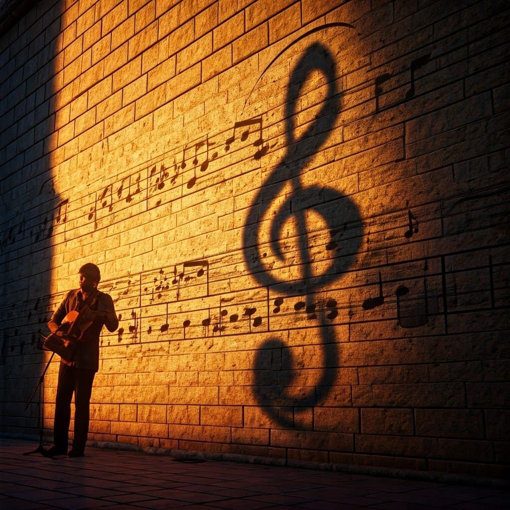 Street Musician in Golden Light with Musical Shadow