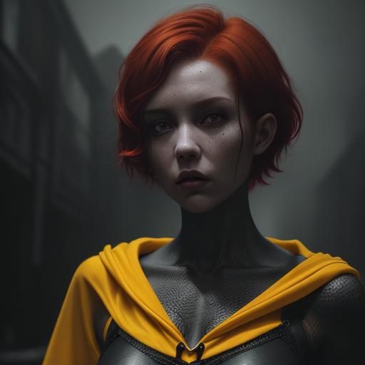 Lovecraftian Woman with Yellow Hood in Hyperrealistic Style