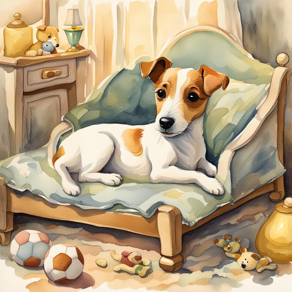 Jack Russell in Nursery: Vintage Gouache Illustration
