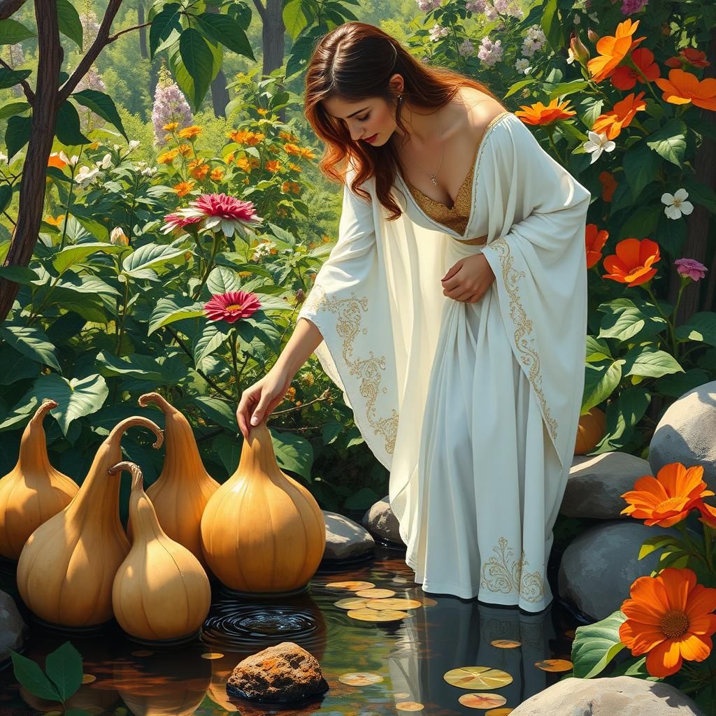 Venus Filling Gourds: Art Nouveau Spring Scene