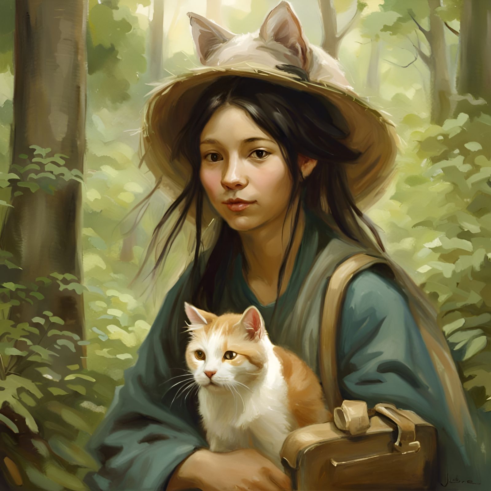Cat as Lao Tzu in Forest, Realistic Painting