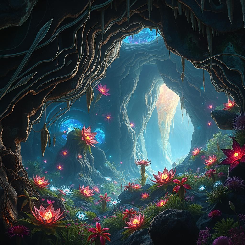Lush Bioluminescent Alien Cave with Crystalline Formations