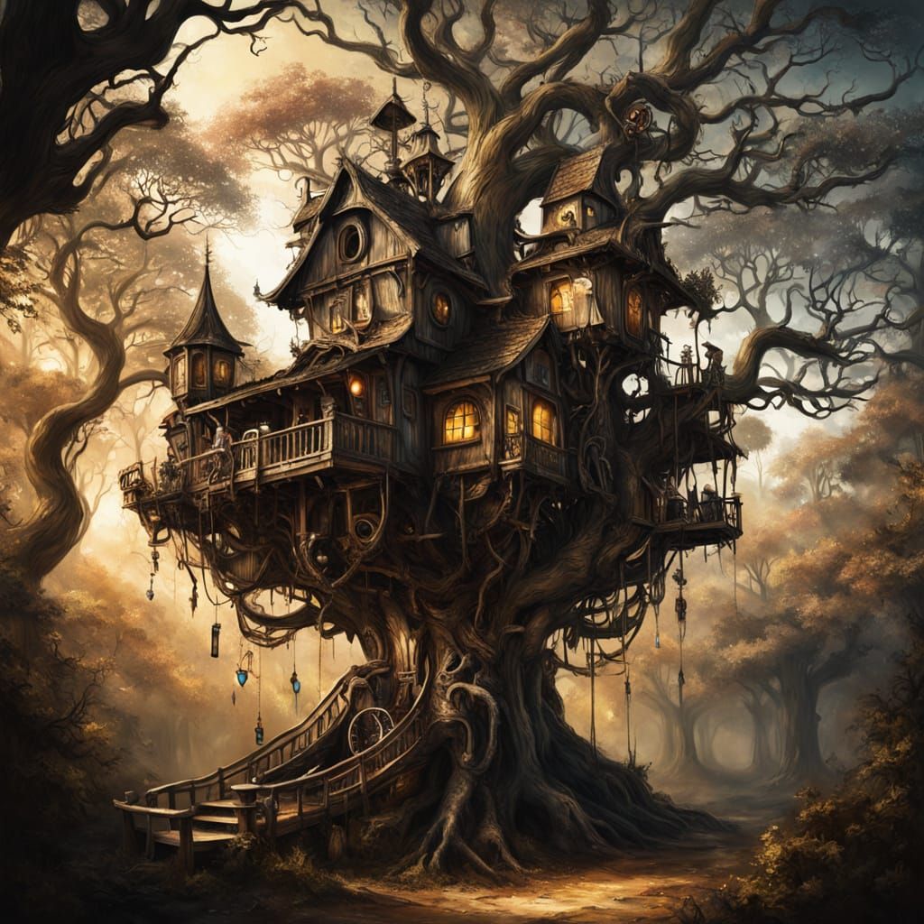 Biomechanical Treehouse in Surreal Dark Forest