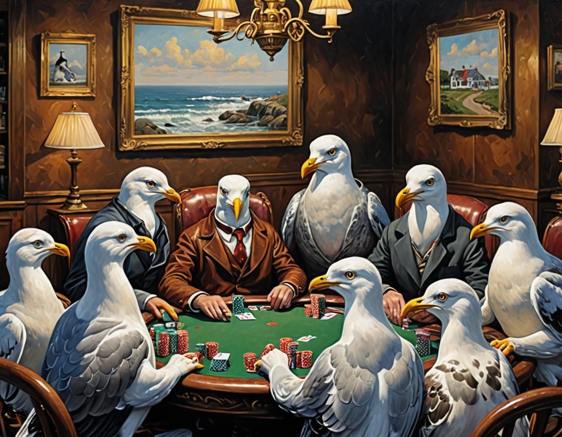 Seagulls Playing Poker in Coolidge Style