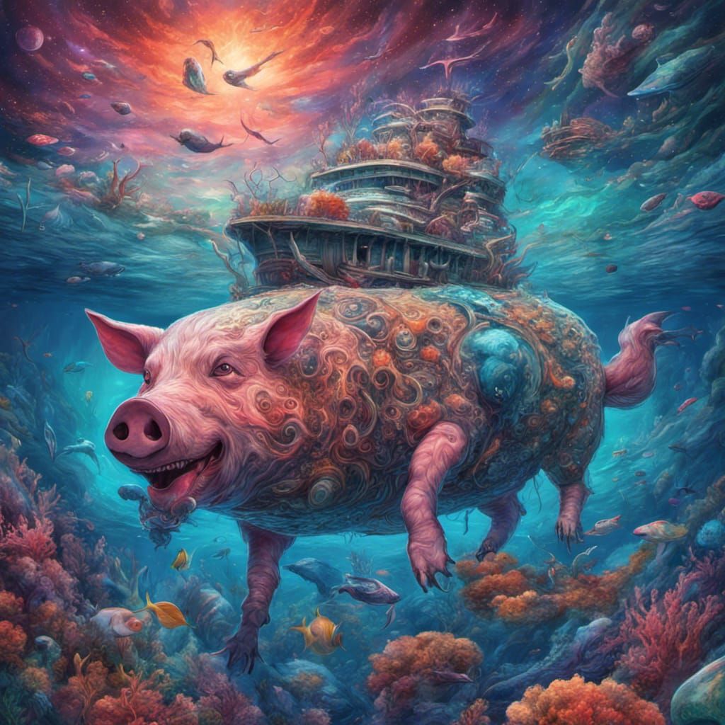Coral-Covered Alien Pig-Dog Hybrid in Deep Sea
