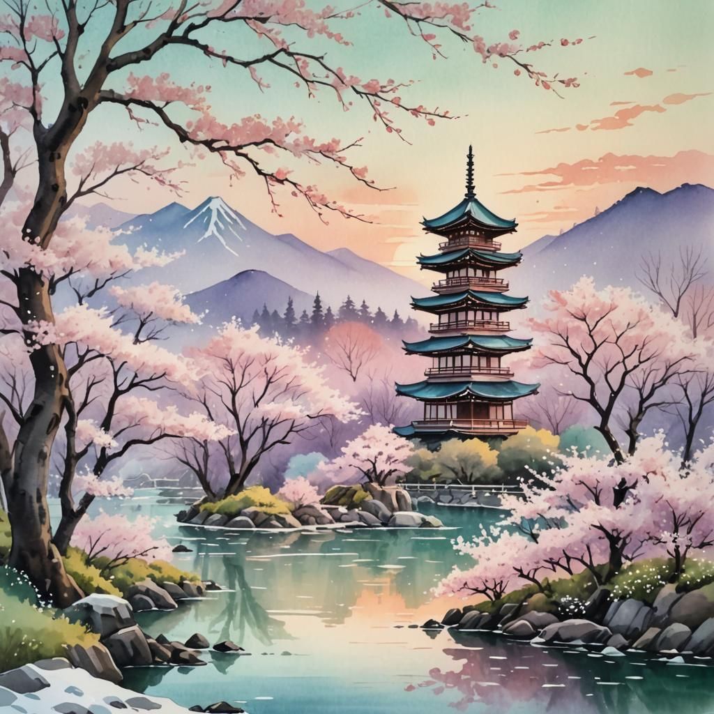 Cherry Blossoms Along River in Watercolor Painting