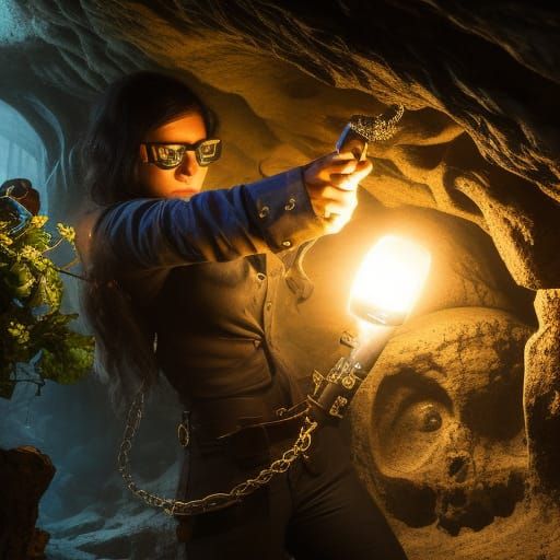 Closeup view, Young archeologist wearing glasses, holding a flashlight, seeking for a treasure in the dark tunnel of an ...