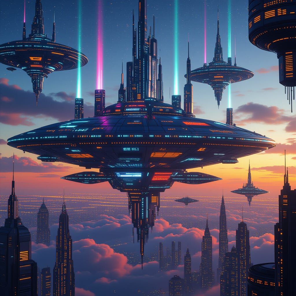 Massive Floating Space City in Sci-Fi Style