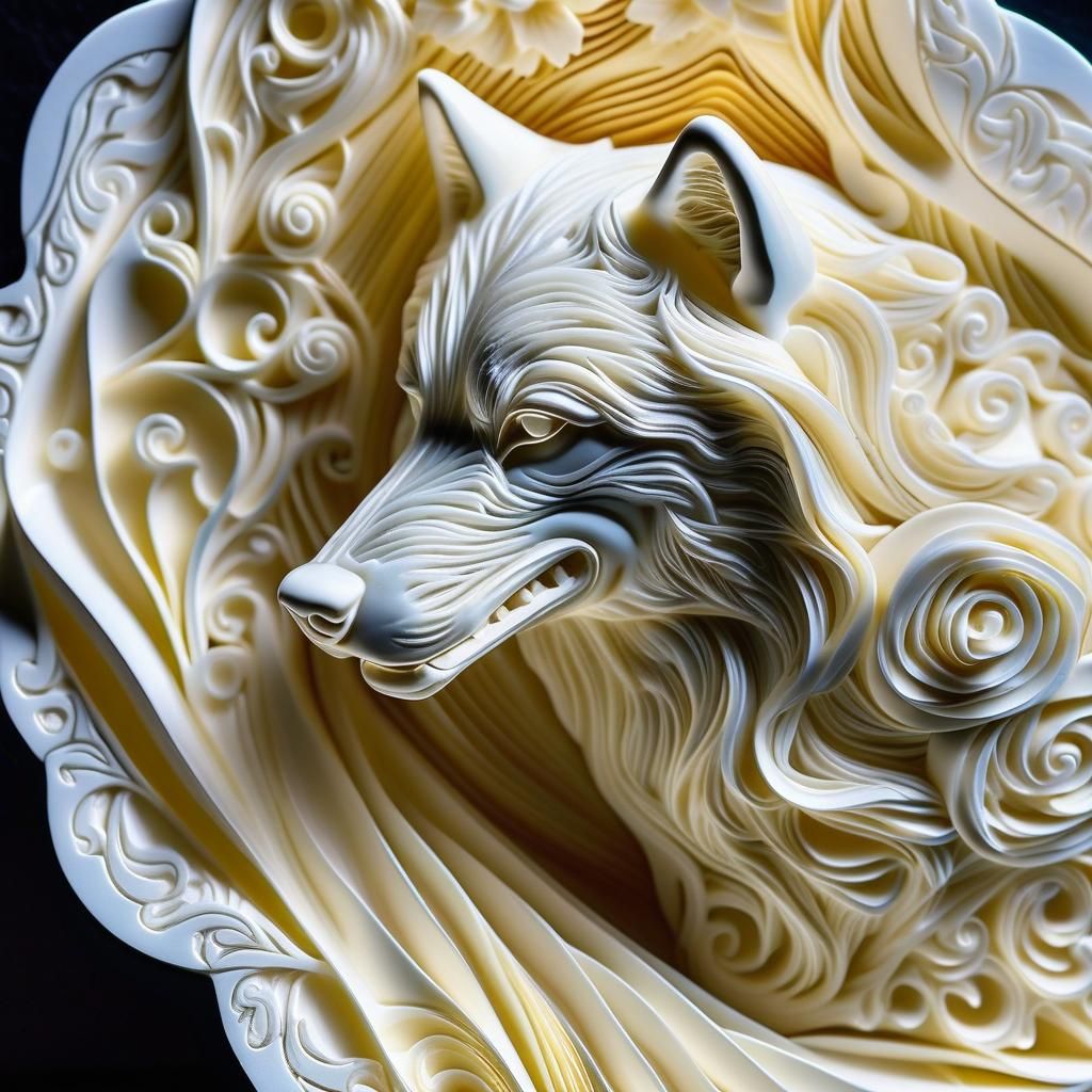 Glowing Wolf Sculpture in Fractal Glass Wave
