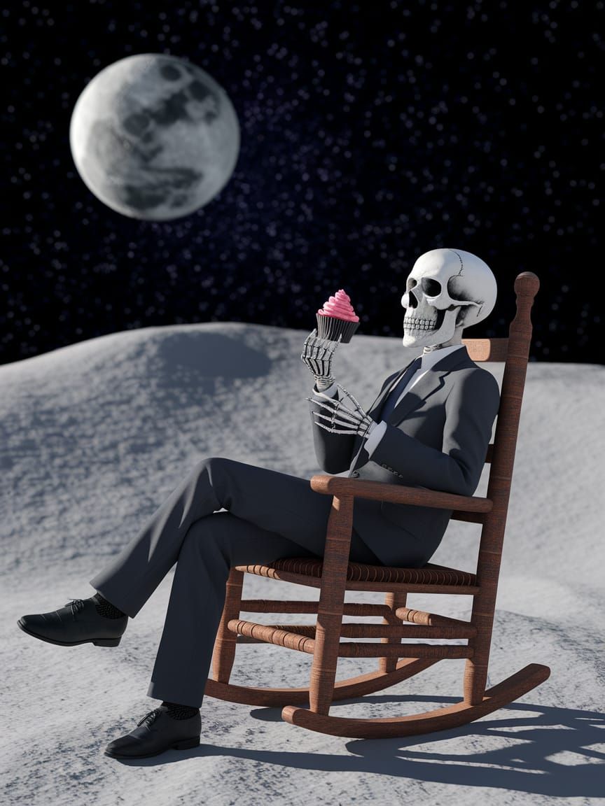 Fiery Skeleton Ballerina Eats Cupcakes on the Moon
