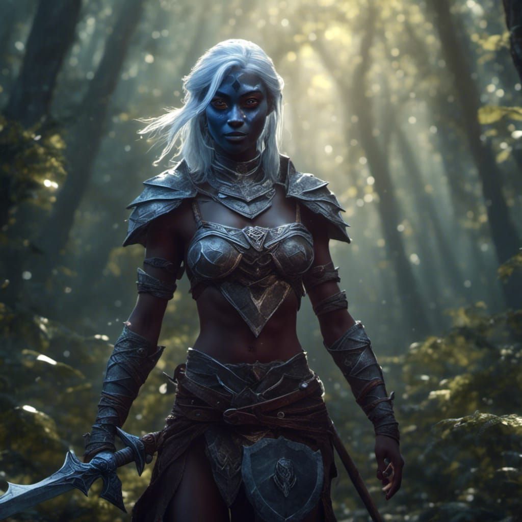 Drow Warrior Woman in Forest with Sword