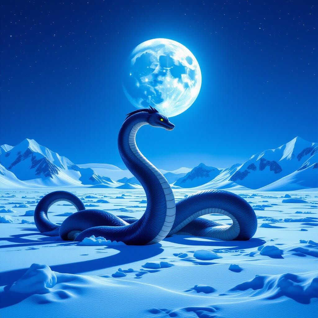 Giant Sea Serpent Under Blue Antarctic Moon
