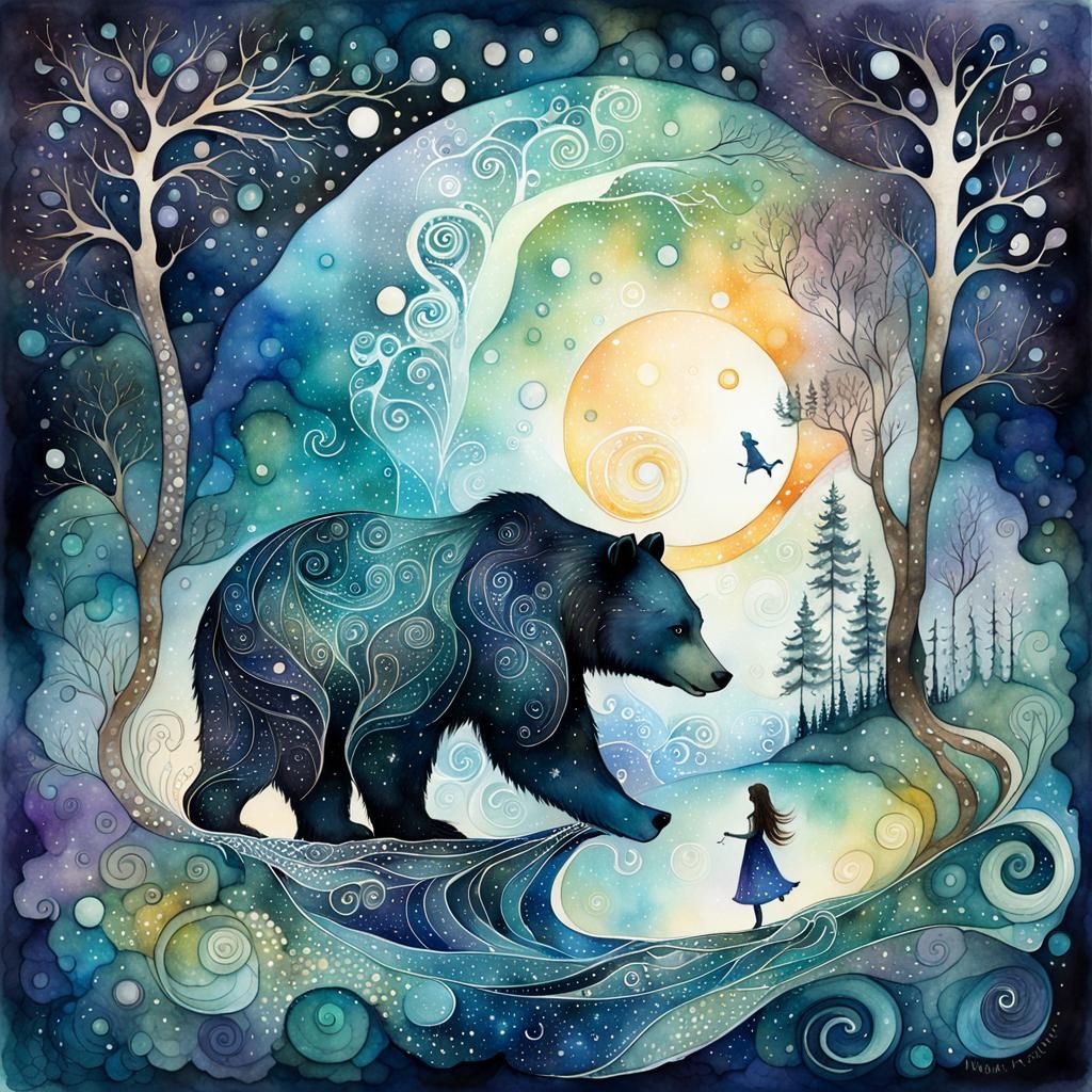 Fairytale Girl Meets Bear in Art Nouveau Style