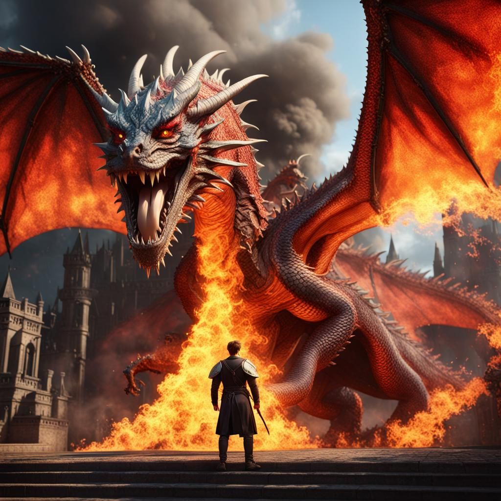 Man and Fire-Breathing Dragon Matte Painting