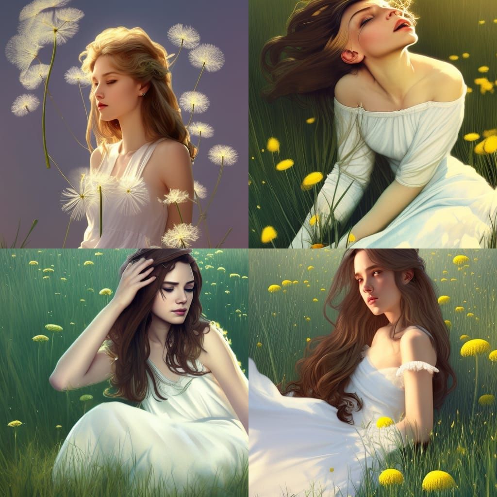 Girl in Dandelions: Hyperdetailed Portrait in White Dress