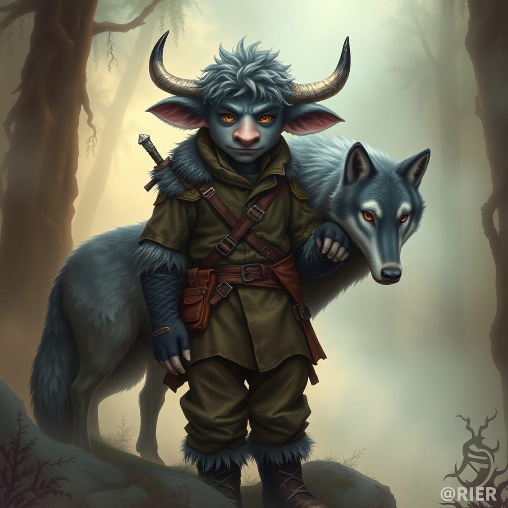 Fantasy Firbolg and Wolf in Dreamy Forest