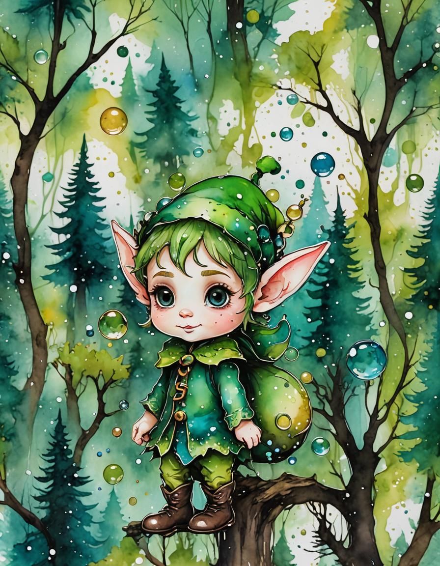 Magical Forest Baby Elf in Alcohol Ink Splatter