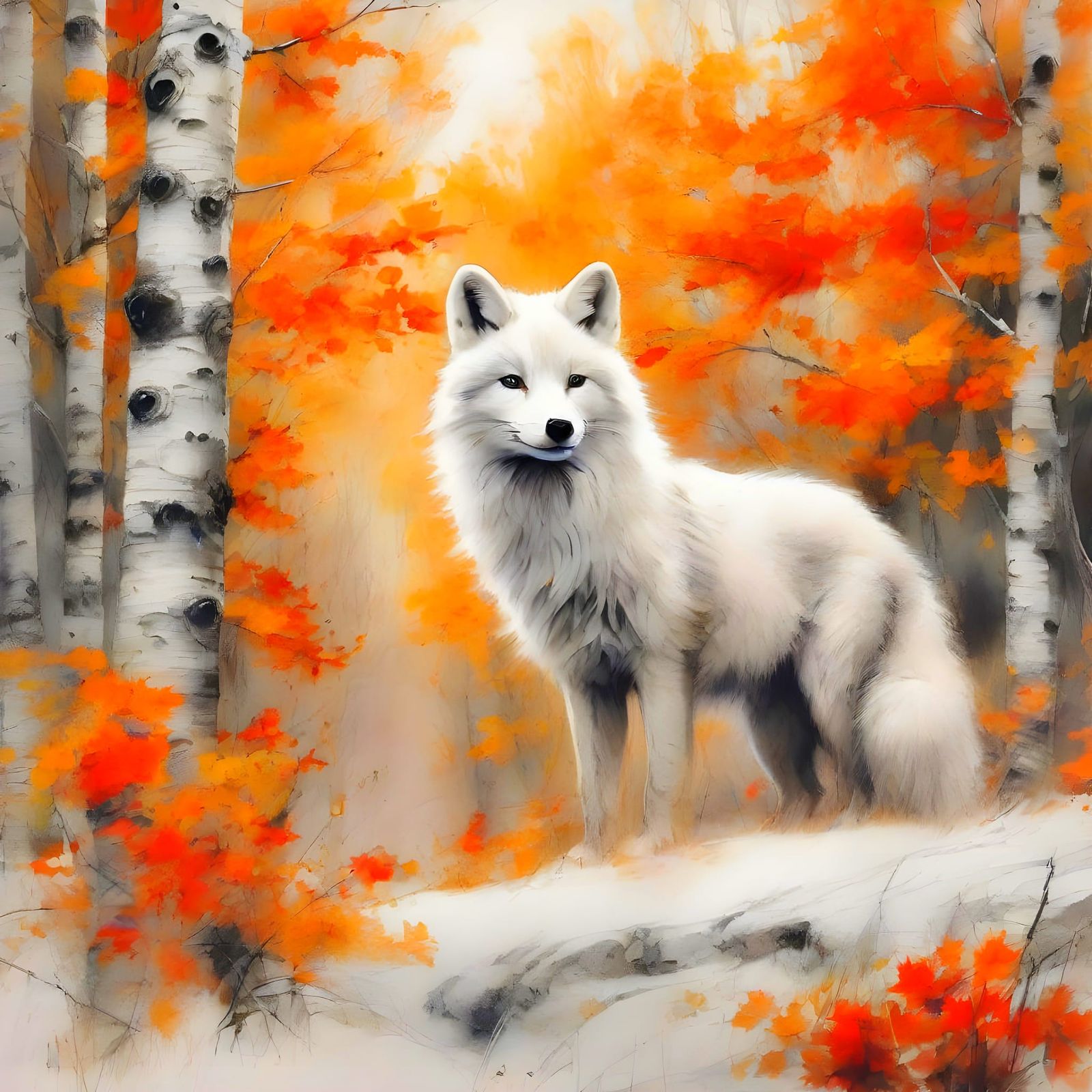 Arctic Fox in Autumn Birch Forest, Pen and Ink