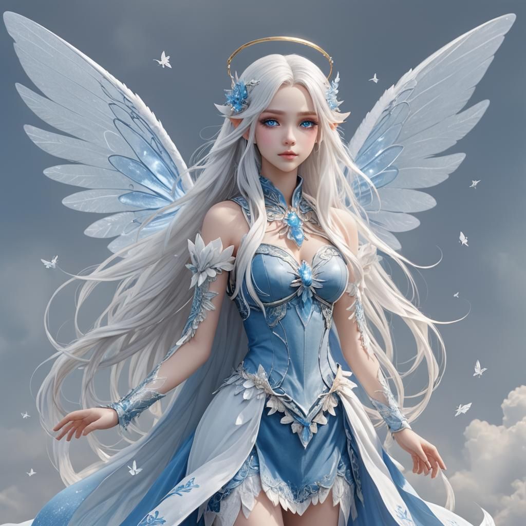 Ethereal Sky Fairy with Flowing White Hair
